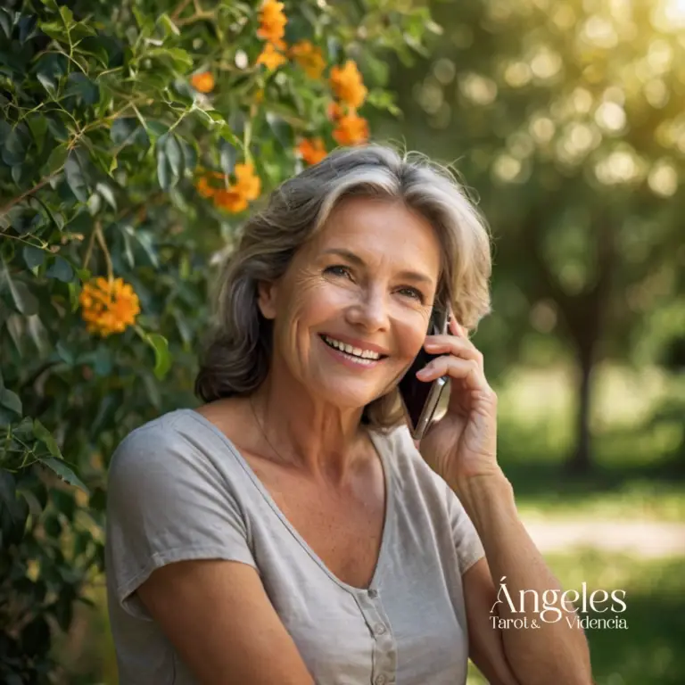 Mujer teniendo una consulta telefónica de tarot amor por bizum