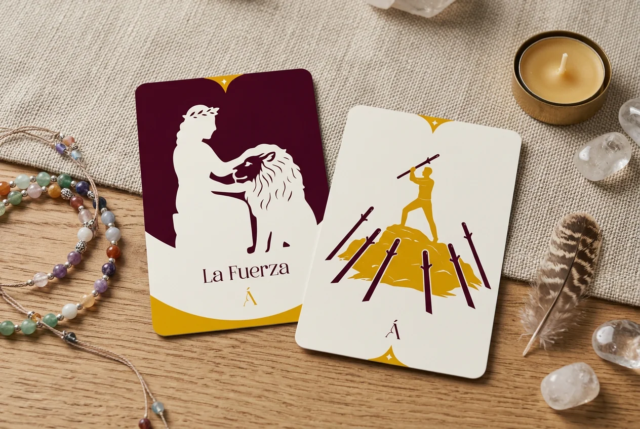 Combinación entre La Fuerza y El Siete de Bastos en el Tarot