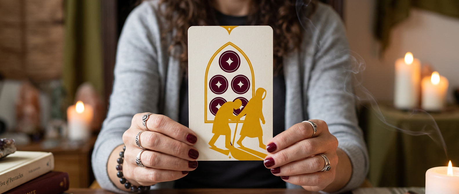 Carta Cinco de Oros en el Tarot. Los Oros te guían a través de Ángeles.