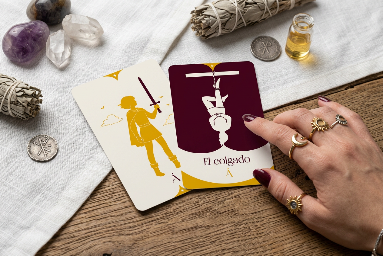 Combinación entre la Sota de Espadas y El Colgado en el Tarot