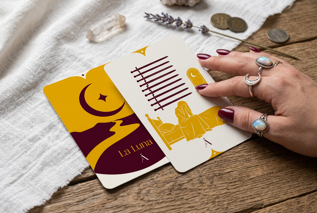 Combinación de La Luna y el Nueve de Espadas en el Tarot